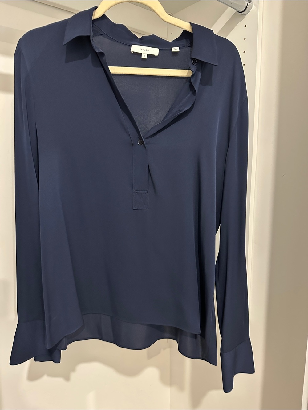 Vince Navy Long-Sleeve Silk-Blend Popover Blouse